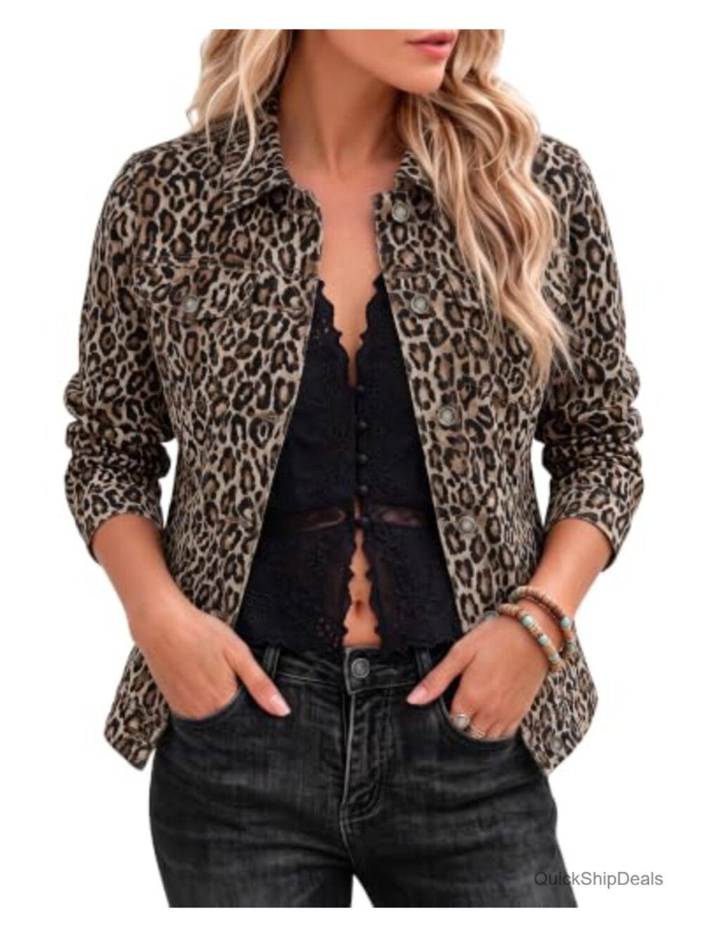 Leopard Print Stretch Denim Jacket Womens Casual Button Down Jean Jacket